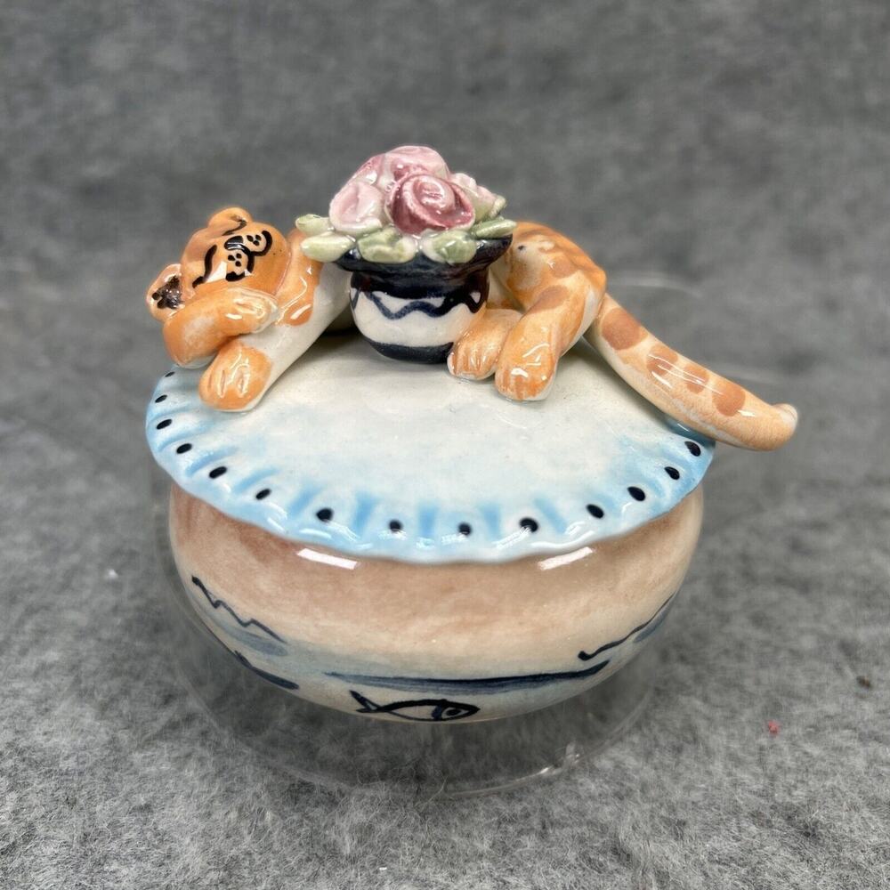 RARE Olga Goldin Signed Sleeping Tabby Cat Ceramic Trinket Box W/Flowers Fish